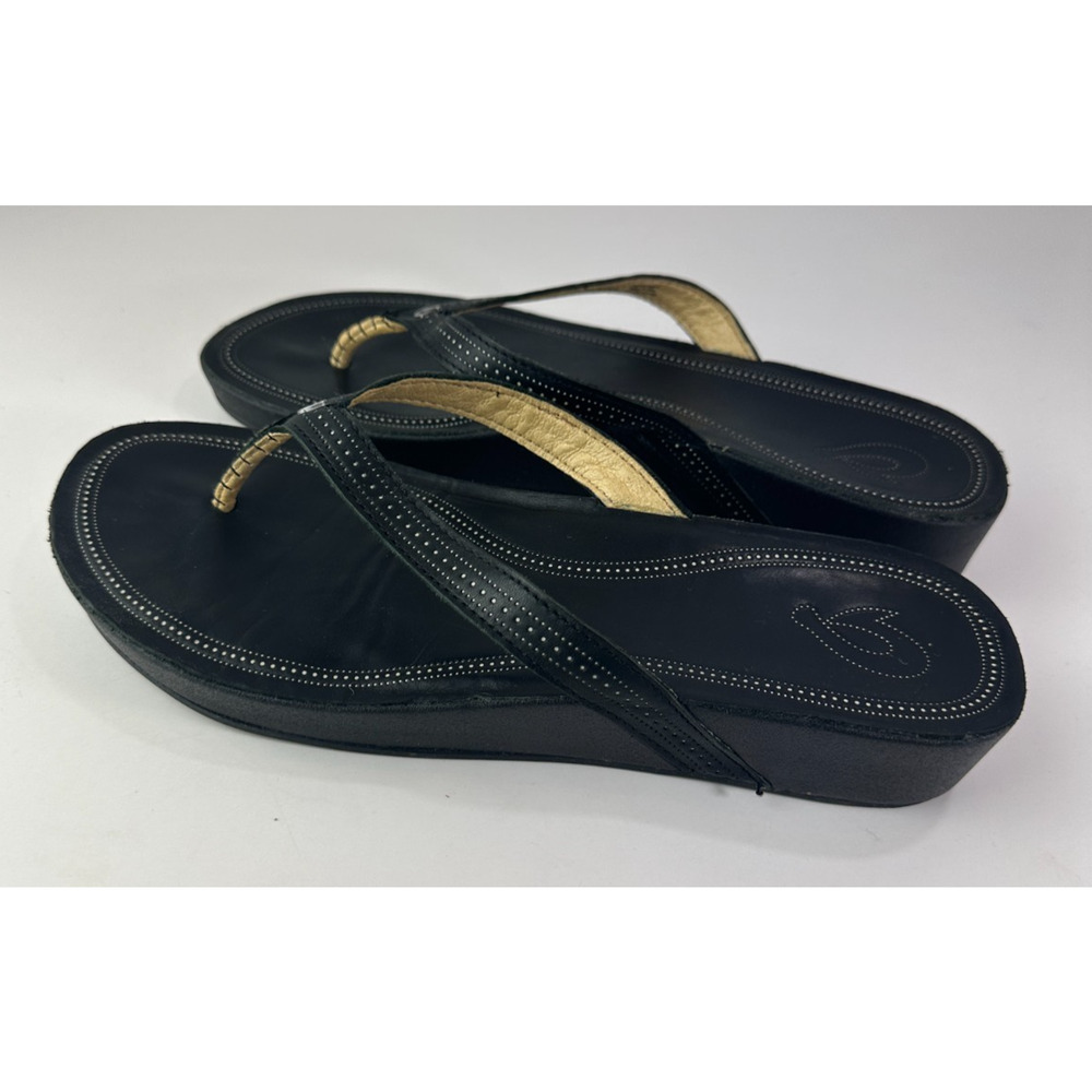 Olukai Ola Full Grain Leather Flip Flops Black Slides Women's Size 10 Sandals - Picture 12 of 14